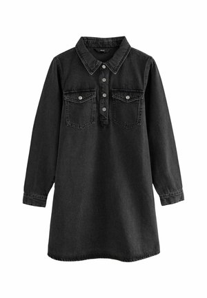 Robe-chemise en denim noir à manches longues, col pointu, patte de boutonnage devant et deux poches poitrine à boutons.