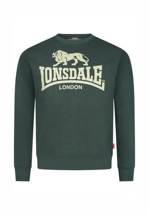 Tummanvihreä huppari, jossa on pitkät hihat, pyöreä kaula-aukko ja suuri vaalea logo, jossa on kaksi leijonaa ja teksti "LONSDALE LONDON". Varren ja helman resorit.