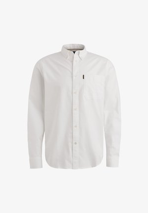 Weißes Button-Up-Hemd aus Baumwolle mit klassischem Kragen, langen Ärmeln und einer Tasche auf der linken Brust. Weiche Textur.