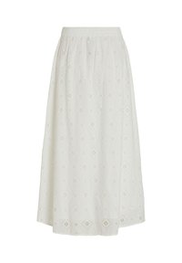 Λευκή μίντι φούστα από υφασμάτινο υλικό με ανάγλυφο σχέδιο και μοτίβο οπών, διαθέτει ελαστική μέση. Ανοιχτή γραμμή, φτάνει κάτω από το μισό της κνήμης.