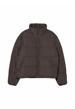Puffer jacket in dark brown, featuring a high neck, front zipper, and two side pockets. The design includes quilted sections for insulation.