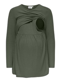 Tehotenské tričko s dlhými rukávmi v olivovo zelenej farbe s rebrovanou textúrou a skrytým prístupom na dojčenie na hrudi.