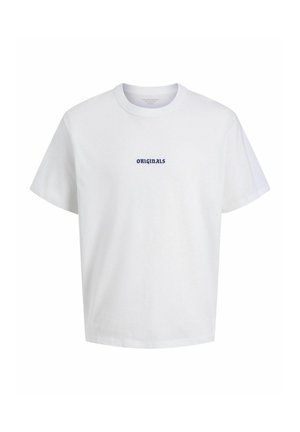 Witte t-shirt met korte mouwen, gemaakt van katoen, met op de voorkant geborduurde marineblauwe tekst "ORIGINALS". Ronde halslijn, relaxed fit.