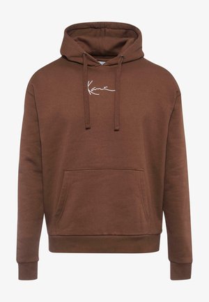 Brown hoodie made of cotton, featuring a kangaroo pocket, adjustable drawstring hood, and white embroidered logo on the chest.