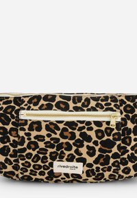 Trousse de maquillage à imprimé léopard beige et noir, avec une fermeture éclair dorée, en coton, et une étiquette blanche portant l'inscription "rivedroite PARIS."