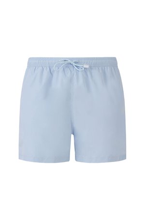 Jasnoniebieskie męskie spodenki kąpielowe z elastycznym pasem i przednim sznurkiem, pokazane na białym tle.