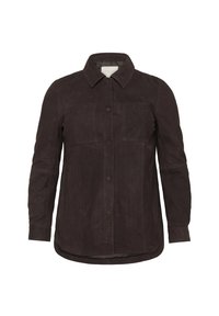 Mörkbrun mockajacka med krage, framfickor och knäppning. Har långa ärmar och en böjd fåll.