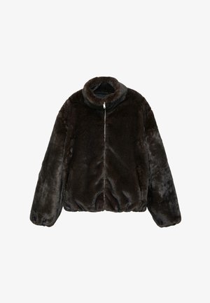 Giacca in pelliccia sintetica marrone scuro con collo alto, zip frontale e orlo elasticizzato. Caratterizzata da maniche larghe e finitura morbida e testurizzata.