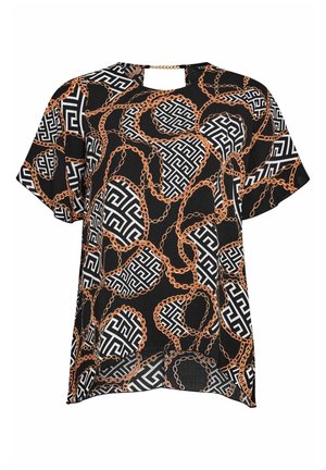 Lyhythihainen musta paita, jossa on monimutkainen kultainen ja valkoinen ketju- ja geometrinen kuvio. Takana avainreikäkaulusyksityiskohta.