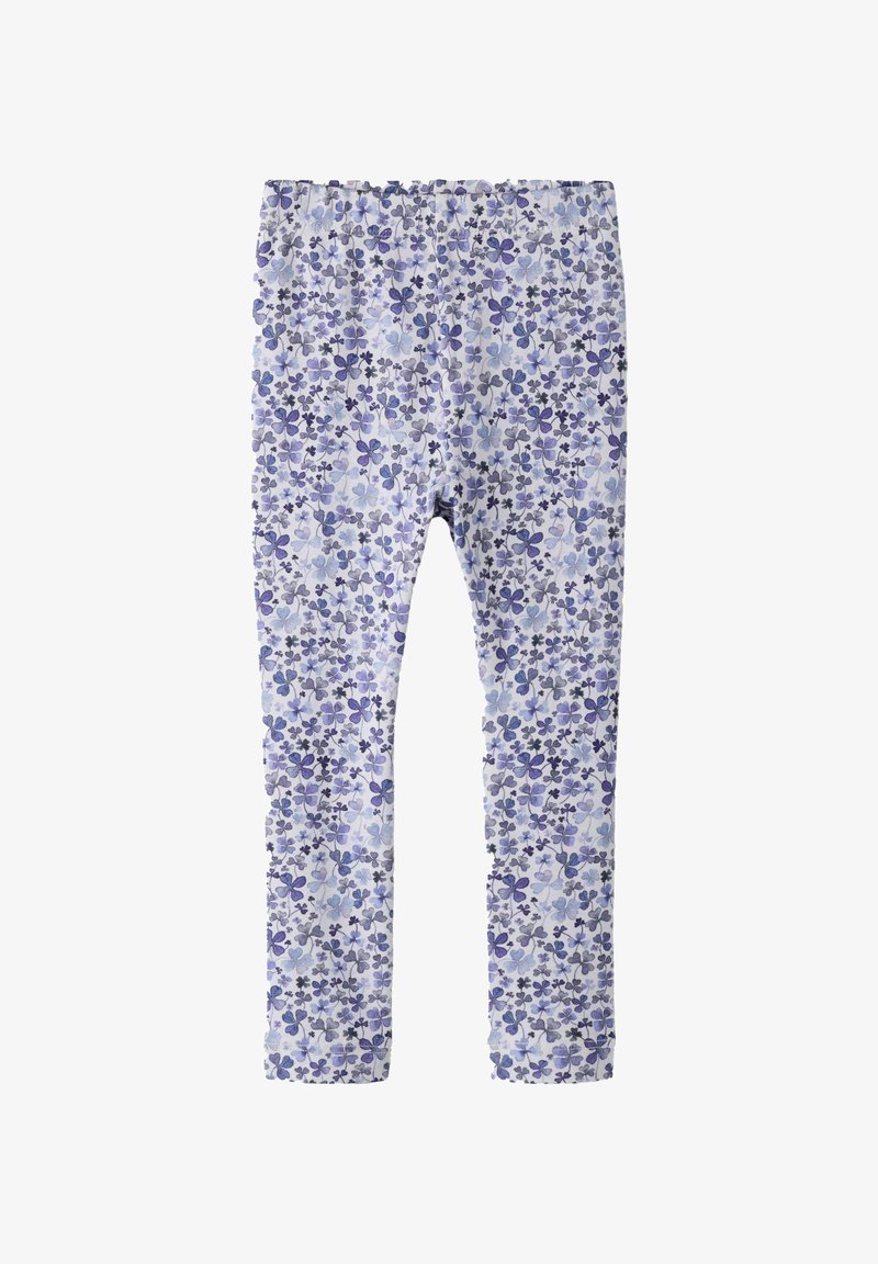 Leggings à motif floral violet et blanc avec une taille élastique, conçus pour un ajustement serré.
