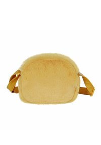 Sac bandoulière en fausse fourrure jaune avec des bords arrondis et des bretelles jaunes. La texture est douce et duveteuse, créant une apparence chaleureuse.