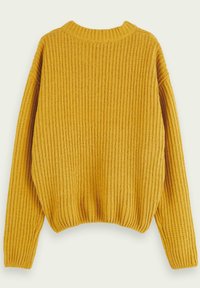 Sudadera de punto en color mostaza con textura de canalé, cuello redondo y mangas largas, con un corte holgado y dobladillo elástico.