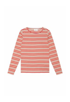 T-shirt met lange mouwen met horizontale strepen in tinten rood en roze tegen een crèmekleurige achtergrond, met een ronde halslijn en ribbeltextuur.