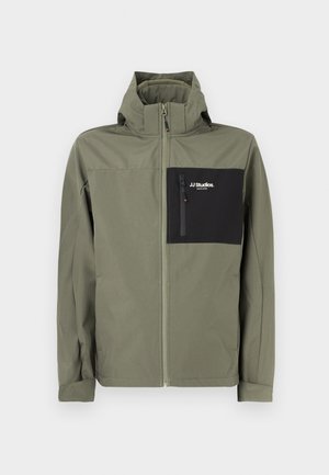 Olivovo zelená bunda na zips s vysokým golierom a čiernym náprsníkom na zips s logom "JJ Studios".