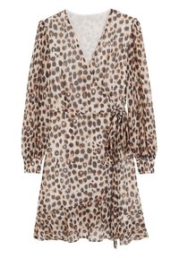 Robe portefeuille à manches longues en imprimé léopard avec décolleté en V, taille à nouer et ourlet volanté, présentant des nuances de marron, noir et beige sur un tissu léger.