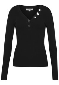 Maglietta nera a maniche lunghe con costine, caratterizzata da un colletto a V e cinque bottoni decorativi sulla spalla. Realizzata in un morbido materiale a maglia.
