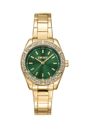 Orologio da polso DKNY color oro con quadrante verde, lunetta tempestata di cristalli, indici e lancette dorati e cinturino in metallo a maglie.
