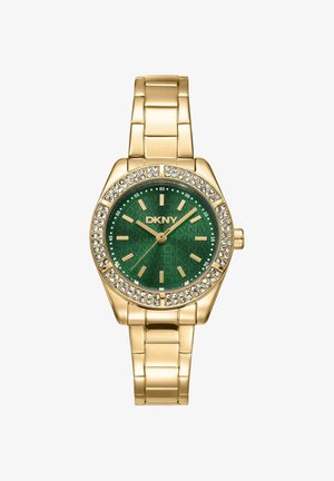 Goldfarbene DKNY-Armbanduhr mit grünem Zifferblatt, mit Kristallen besetzter Lünette, goldfarbenen Stundenmarkierungen und Zeigern sowie einem Gliederarmband aus Metall.