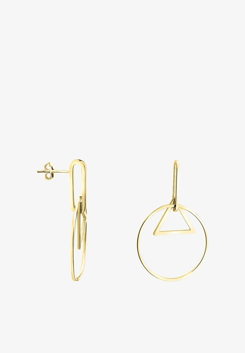 Boucles d'oreilles créoles en or avec un petit triangle en or suspendu à l'intérieur de chaque créole et des crochets rectangulaires pour la fixation.