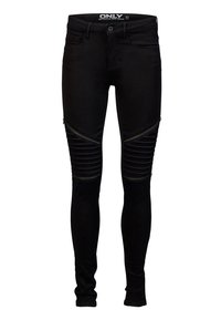 Jeans skinny negros con paneles de rodilla acanalados y detalles de cremalleras diagonales en los muslos delanteros, cierre de botón y bolsillos frontales.
