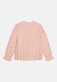 Pehmeast pastellroosast kangast vooderdatud tepitud jakk, millel on ümmargune kaelus, pikad varrukad gathered cuffs ja vertikaalsed õmblusdetailid.