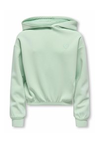 Mintgroene cropped hoodie gemaakt van zachte stof. Voorzien van een capuchon met trekkoord, geribbelde manchetten en een klein hartlogo geborduurd op de borst.