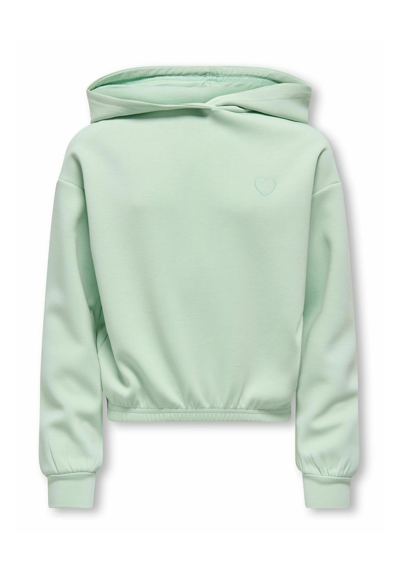 Mintgroene cropped hoodie gemaakt van zachte stof. Voorzien van een capuchon met trekkoord, geribbelde manchetten en een klein hartlogo geborduurd op de borst.