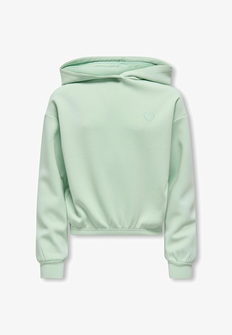 Mintgroene cropped hoodie gemaakt van zachte stof. Voorzien van een capuchon met trekkoord, geribbelde manchetten en een klein hartlogo geborduurd op de borst.
