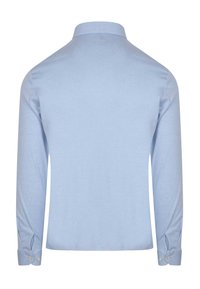 Lichtblauw dresshirt met lange mouwen, een klassieke kraag, een getailleerd ontwerp en knoopaccenten bij de manchetten. Gladde stofstructuur, minimale details.