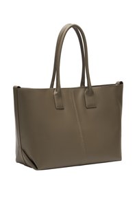 Oliwkowa torba tote wykonana z gładkiego syntetycznego materiału, z dwoma uchwytami, prostokątnym kształtem i kontrastowymi przeszyciami.