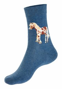 Blaue Baumwollsocken mit einem gemusterten Design, das ein braunes und weißes Pferd an der Seite zeigt, mittellange Socken. Weiche Textur, geripptes Bündchen.