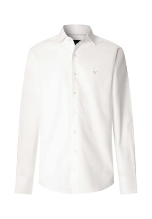 Weißes langärmliges Hemd mit Knöpfen, Kragen und kleinem Logo mit gekreuzten blauen Tennisschlägern auf der linken Brustseite.