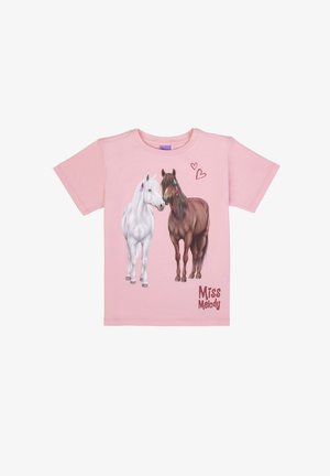 Pink short-sleeve shirt with graphics of a white and brown horse, two red hearts, and the text "Miss Melody" on the front.