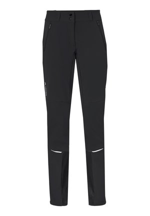 Pantalons softshell noirs avec deux poches zippées, accents réfléchissants et sections inférieures renforcées pour plus de durabilité. Texture lisse et coupe ajustée.