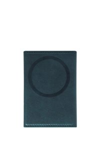 Donkergroene leren portemonnee met een rond ontwerp dat op de voorkant is gedrukt. Heeft gestikte randen en een gladde textuur.