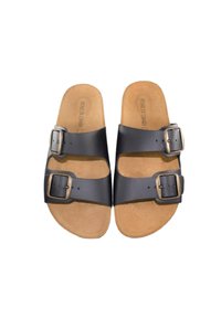 Sandalias deslizantes de cuero negro con dos hebillas ajustables, que cuentan con una plantilla de ante color marrón y un diseño de punta abierta. Suela plana sin patrón distintivo.