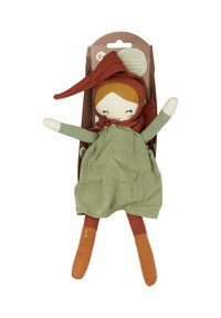 Soft fabric doll with a green dress, brown scarf, and orange limbs. Features embroidered facial details and a sewn-on emblem on the leg.