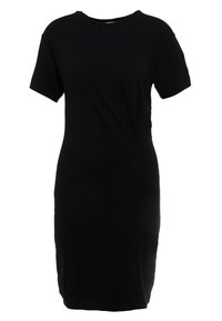 Svart kortärmad klänning i ribbat material, figursydd silhuett, rund halsringning, med en tvinnad detalj vid midjan och knälång fåll.