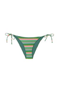 Parte inferior de bikini a rayas en colores verde, rosa y verde claro, con lazos a los lados y una textura suave y elástica.