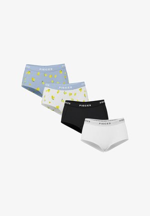 Quatre paires de culottes hipster pour femmes, deux avec des imprimés de citrons sur fond bleu et blanc, et deux unies noires et blanches, toutes avec des bandes élastiques "PIECES".