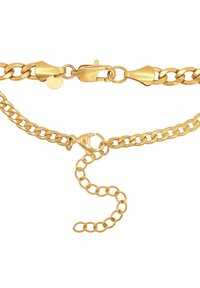 Collar de cadena en tono dorado que presenta eslabones entrelazados, cierre de langosta y una extensión ajustable para variar el tamaño.