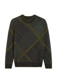 Pull en tricot gris avec un motif en diamant vert foncé, agrémenté de lignes jaunes. Col et poignets côtelés.
