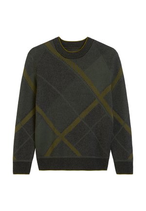 Grijze gebreide trui met een diamantpatroon in donkergroen, met gele accentlijnen. Ribbelboord aan de hals en mouwen.