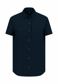 Short-sleeved, dark navy shirt made of smooth fabric. Features a front button placket, collar, and a left chest pocket with a small loop detail.