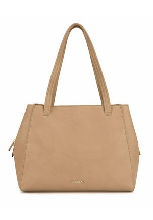 Bolso tote de cuero beige con asas dobles, forma rectangular estructurada y pequeño logo dorado LASOCKI en el centro delantero.