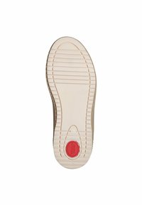 Semelle d'une chaussure avec un motif texturé. La couleur est beige clair avec des rainures pour une meilleure adhérence. Le centre présente un logo de confort rouge. Taille marquée comme 37.
