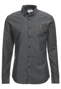 Donkergrijs overhemd met lange mouwen, knopen aan de voorkant, een button-down kraag en een klein oranje geborduurd logo op de linkerborst.