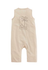 Beige mouwloze romper met een relaxte pasvorm, voorzien van een simpele borduursel van een palmboom en zon op de achterkant. Gemaakt van zachte katoenstof.