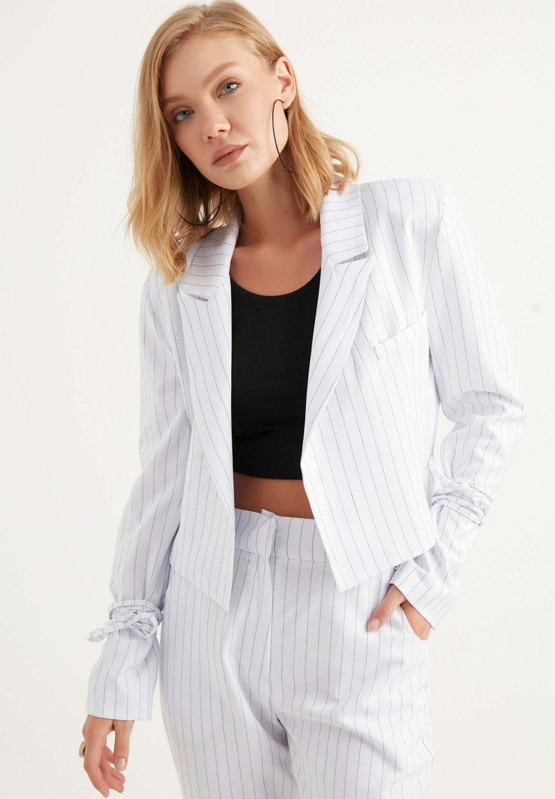 Ljusgrå kavaj med ränder och matchande byxor, med en kortad passform, avkopplade ärmar och knyt detaljer vid ärmsluten.