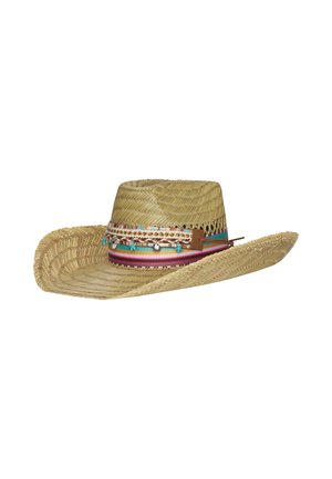 Olki cowboy-hattu, jossa leveä kaareva lieriosa, koristeltu värikkäällä kudotulla nauhalla ja pienillä turkoosin ja hopean koristeilla.